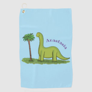 Cute happy green brontosaurus dinosaur cartoon  golf towel