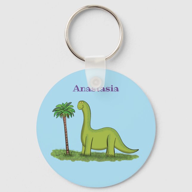 Cute happy green brontosaurus dinosaur cartoon keychain (Front)