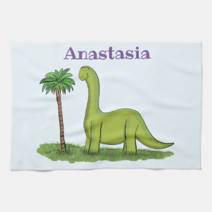 Cute happy green brontosaurus dinosaur cartoon kitchen towel