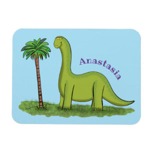 Cute happy green brontosaurus dinosaur cartoon magnet