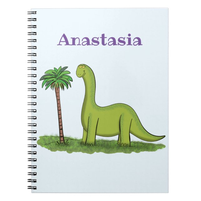 Cute happy green brontosaurus dinosaur cartoon notebook (Front)