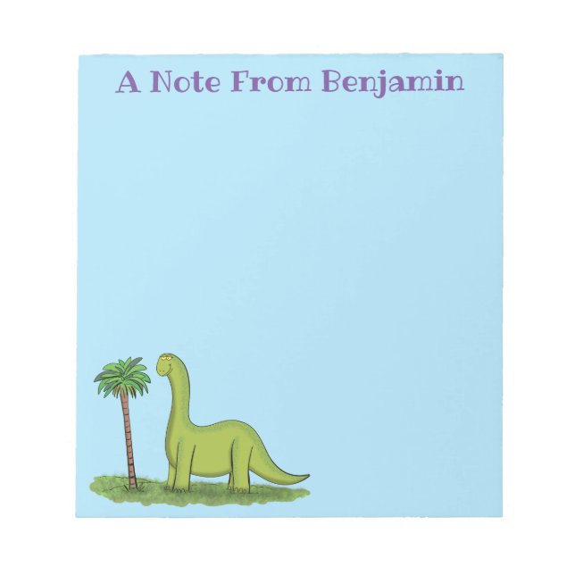 Cute happy green brontosaurus dinosaur cartoon notepad (Front)
