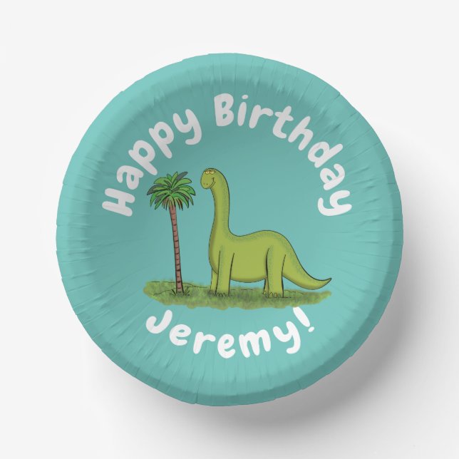 Cute happy green brontosaurus dinosaur cartoon paper plate (Front)