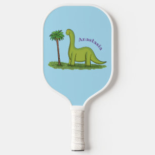 Cute happy green brontosaurus dinosaur cartoon pickleball paddle