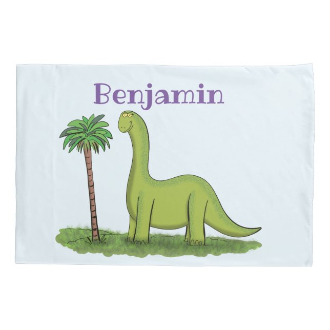 Cute happy green brontosaurus dinosaur cartoon pillowcase (Back)
