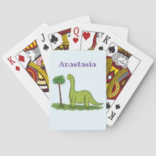 Cute happy green brontosaurus dinosaur cartoon playing cards