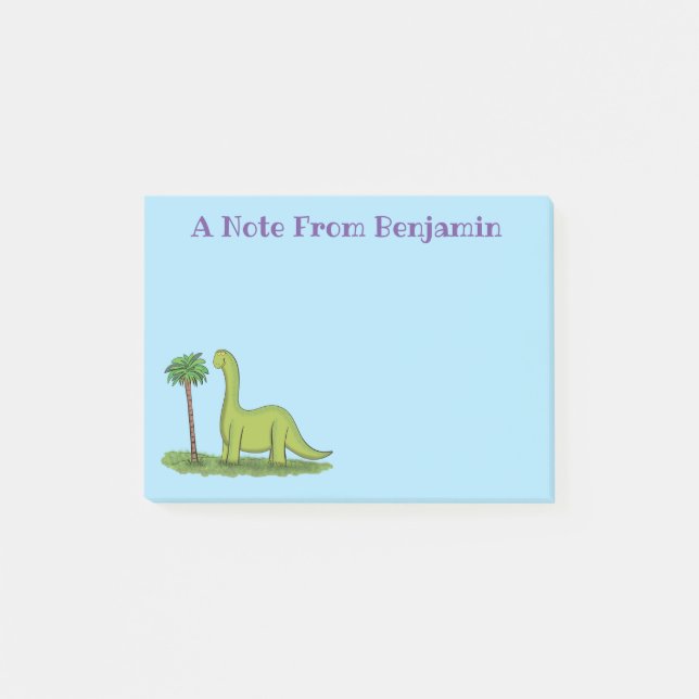 Cute happy green brontosaurus dinosaur cartoon post-it notes (Front)