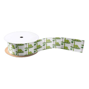 Cute happy green brontosaurus dinosaur cartoon satin ribbon