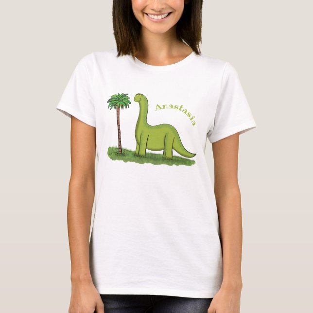 Cute happy green brontosaurus dinosaur cartoon T-Shirt (Front)
