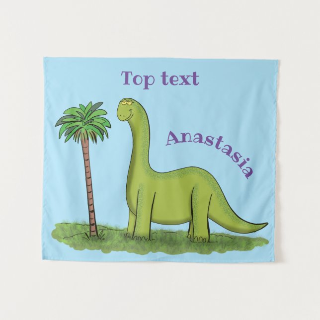 Cute happy green brontosaurus dinosaur cartoon tapestry (Front (Horizontal))