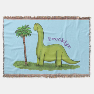 Cute happy green brontosaurus dinosaur cartoon throw blanket