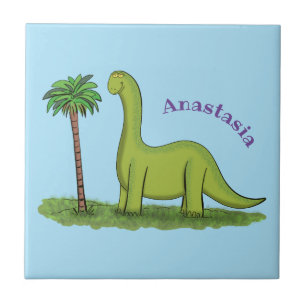 Cute happy green brontosaurus dinosaur cartoon tile