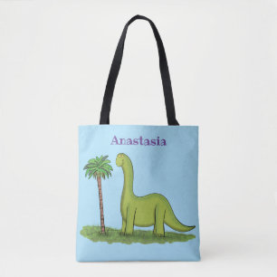 Cute happy green brontosaurus dinosaur cartoon tote bag