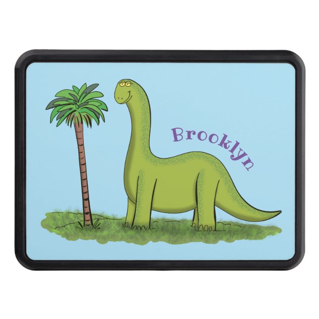 Cute happy green brontosaurus dinosaur cartoon trailer hitch cover (Front)