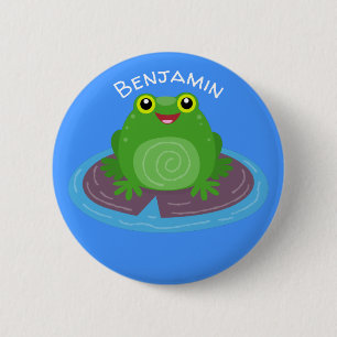 Cute happy green frog cartoon illustration 2 inch round button