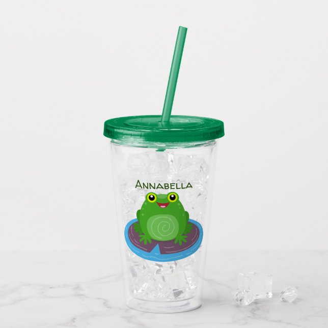 Cute happy green frog cartoon illustration acrylic tumbler (Back Ice)