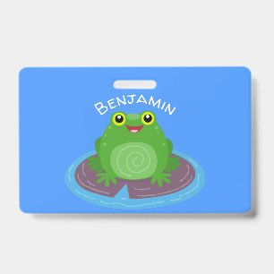 Cute happy green frog cartoon illustration badge