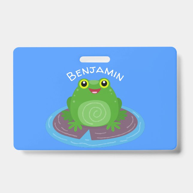 Cute happy green frog cartoon illustration badge (Front)