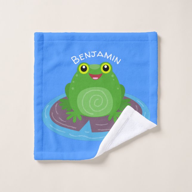 Cute happy green frog cartoon illustration bath towel set (Wash Cloth)