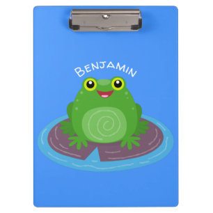 Cute happy green frog cartoon illustration clipboard