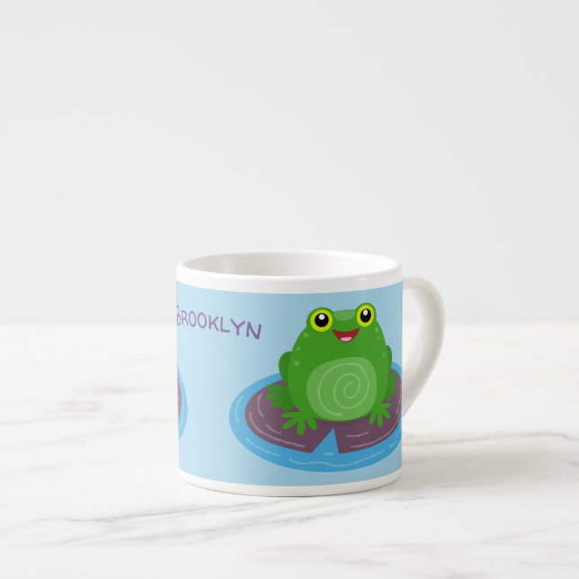 Cute happy green frog cartoon illustration espresso cup (Front Right)