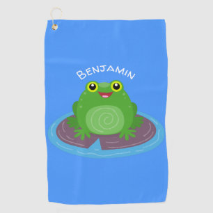Cute happy green frog cartoon illustration golf towel