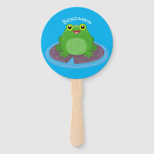 Cute happy green frog cartoon illustration hand fan