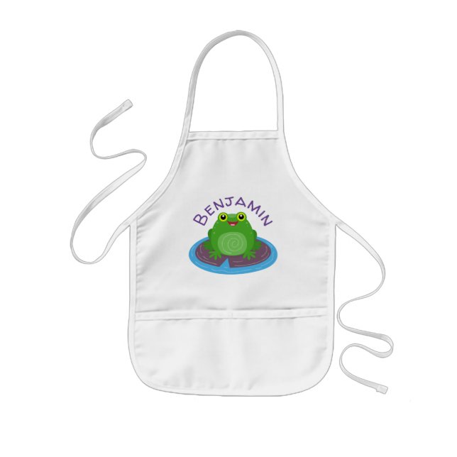 Cute happy green frog cartoon illustration kids apron (Front)
