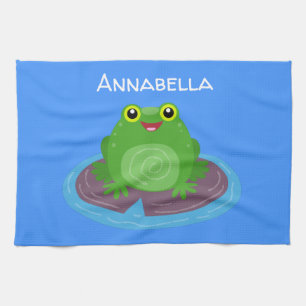 Cute happy green frog cartoon illustration kitchen towel
