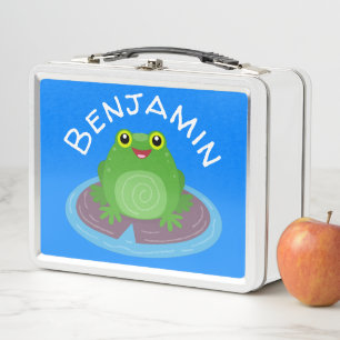 Cute happy green frog cartoon illustration metal lunch box