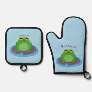 Cute happy green frog cartoon illustration oven mitt & pot holder set