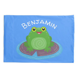 Cute happy green frog cartoon illustration pillowcase