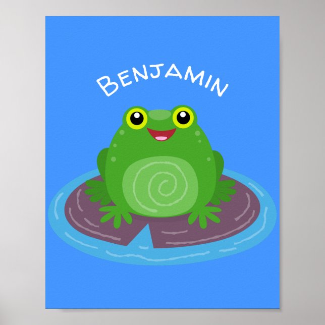 Cute happy green frog cartoon illustration poster (Front)