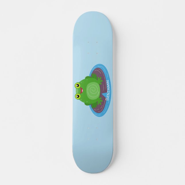 Cute happy green frog cartoon illustration skateboard (Front)