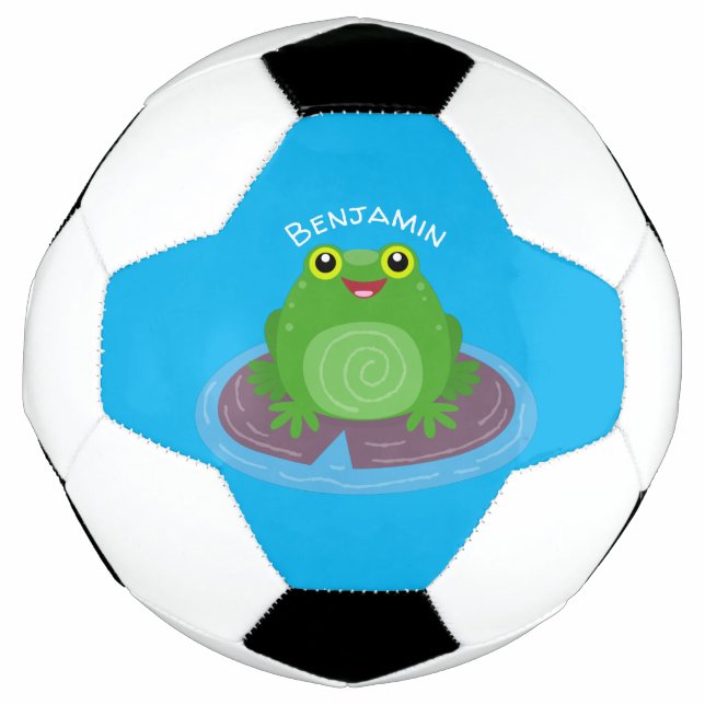 Cute happy green frog cartoon illustration soccer ball (Front)