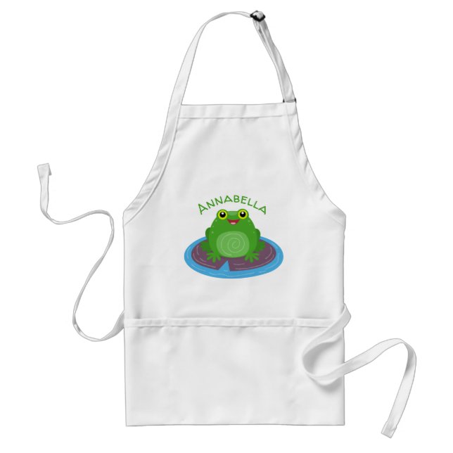 Cute happy green frog cartoon illustration standard apron (Front)