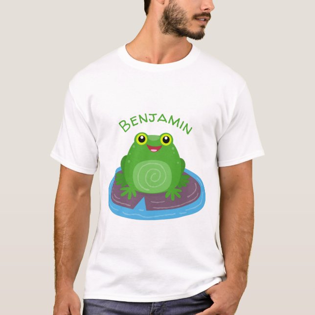 Cute happy green frog cartoon illustration T-Shirt (Front)