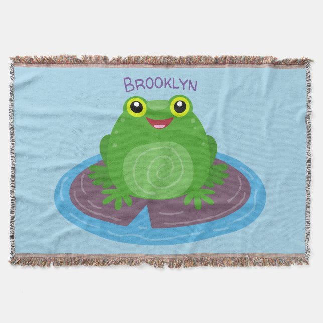 Cute happy green frog cartoon illustration throw blanket (Front)