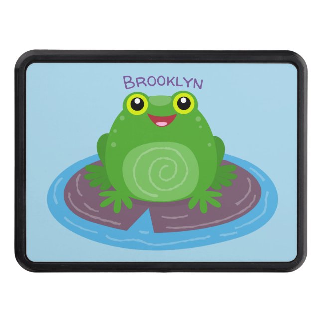 Cute happy green frog cartoon illustration trailer hitch cover (Front)