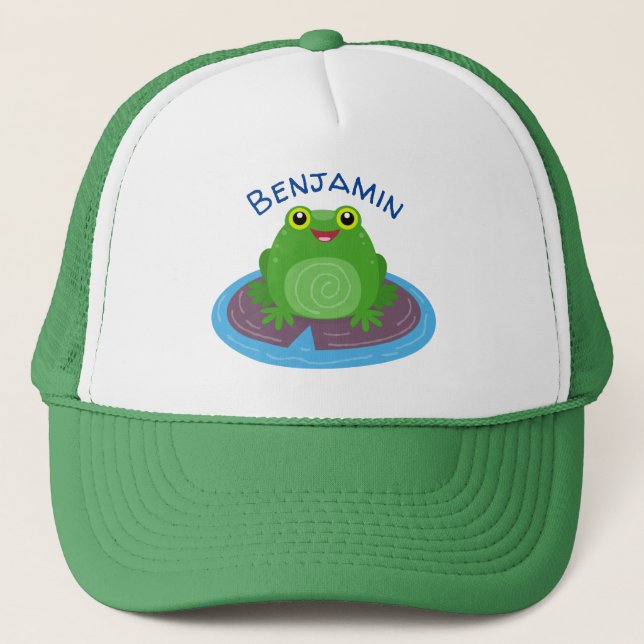 Cute happy green frog cartoon illustration trucker hat (Front)