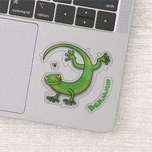 Cute happy green gecko greetings with bug cartoon