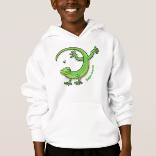 Cute happy green gecko greetings with bug cartoon