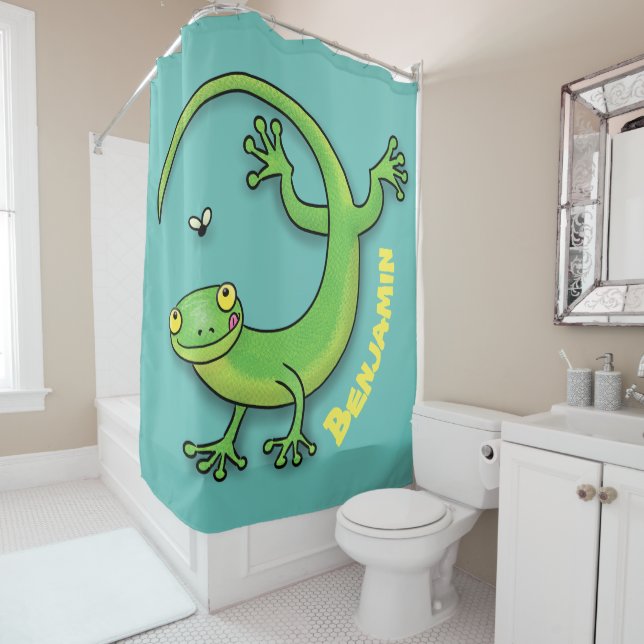 Cute happy green gecko greetings with bug cartoon (In Situ)