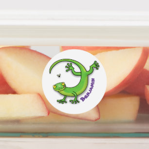 Cute happy green gecko greetings with bug cartoon