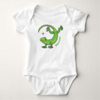 Cute happy green gecko greetings with bug cartoon