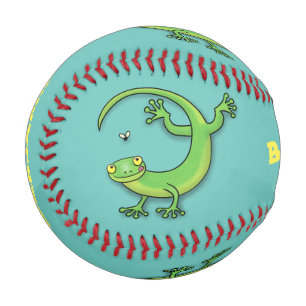 Cute happy green gecko greetings with bug cartoon baseball