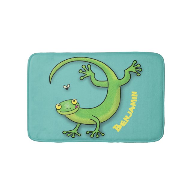 Cute happy green gecko greetings with bug cartoon bath mat (Front)