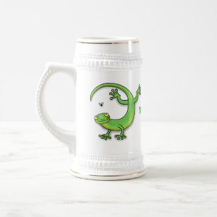 Cute happy green gecko greetings with bug cartoon beer stein