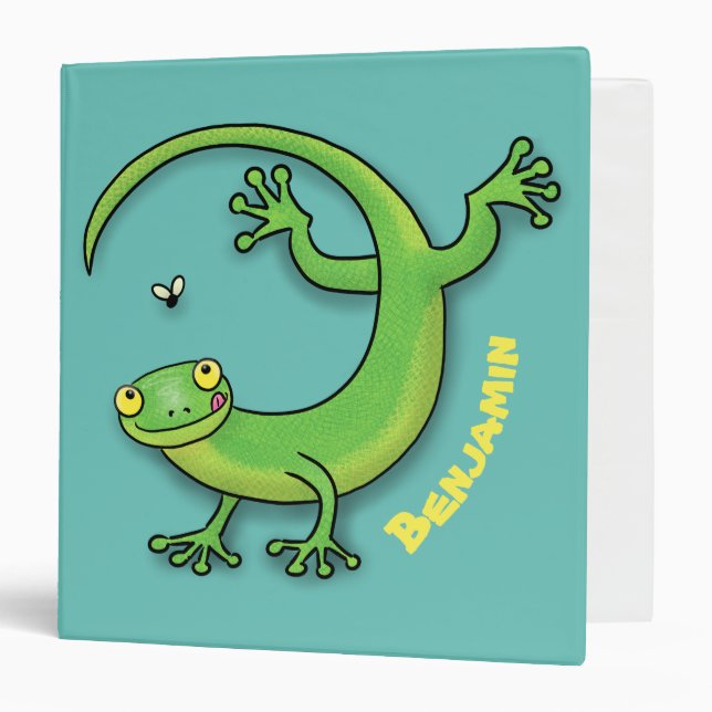 Cute happy green gecko greetings with bug cartoon binder (Front/Inside)