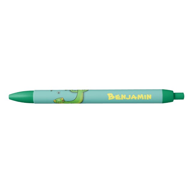 Cute happy green gecko greetings with bug cartoon black ink pen (Front)